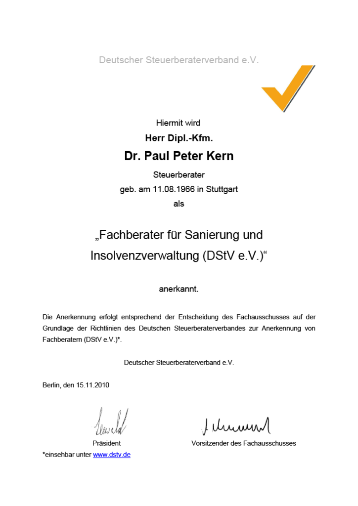 Weiterbildung von StB Dipl.-Kfm. Dr. Paul Peter Kern